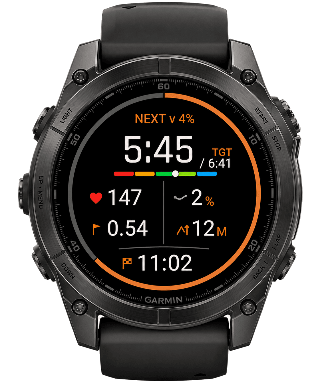 Pacevine live pacing screen on a Garmin watch